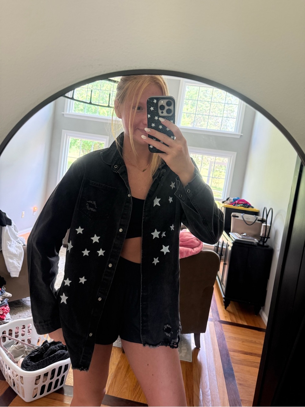 Black Star-Print Oversized Jacket - Women
